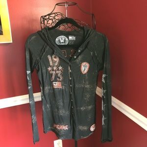 Affliction medium black hooded button down shirt